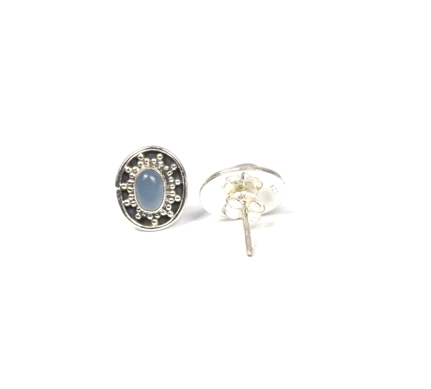 925 Solid Sterling Silver Blue Chalcedony Stud