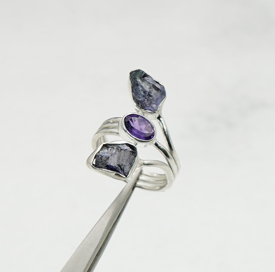 925 Sterling Silver Natural Mix Rough Gemstone Designer Adjustable 3 Stone Ring