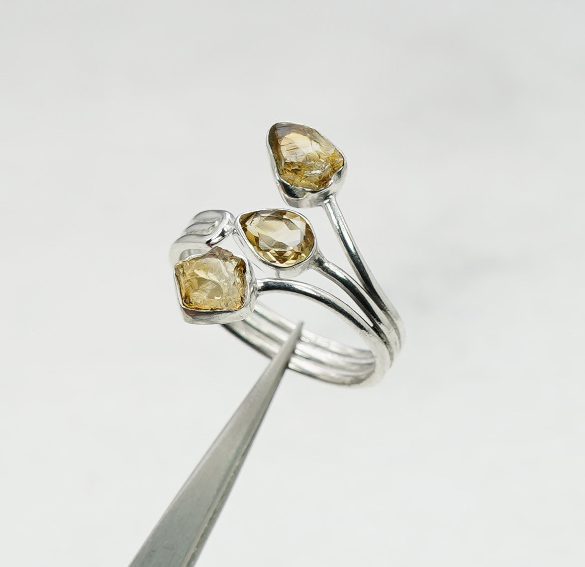 925 Sterling Silver Natural Mix Rough Gemstone Designer Adjustable 3 Stone Ring