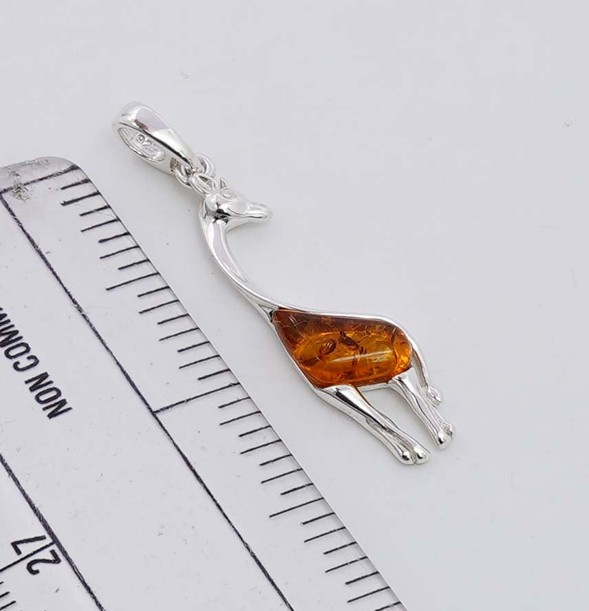 925 Solid Sterling Silver Natural Baltic Amber Giraffe Pendant - 2.2 Grams