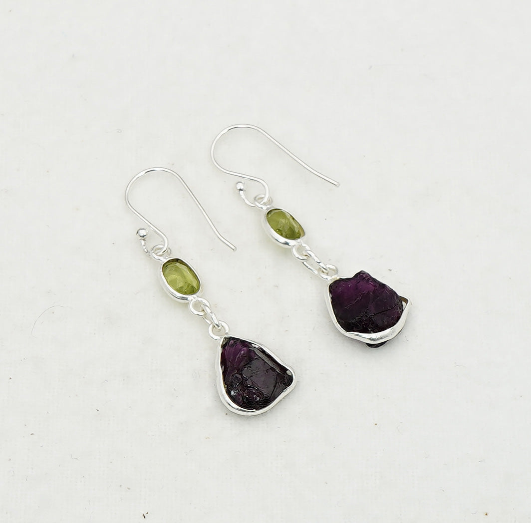 925 Solid Sterling Silver Natural Faceted and Rough 2 Gemstone Earring