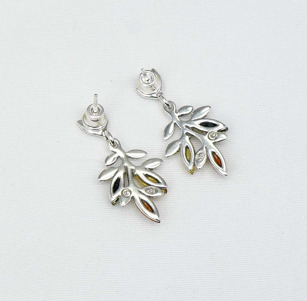 925 Solid Sterling Silver Multi Baltic Amber Leaf Style Stud Earring