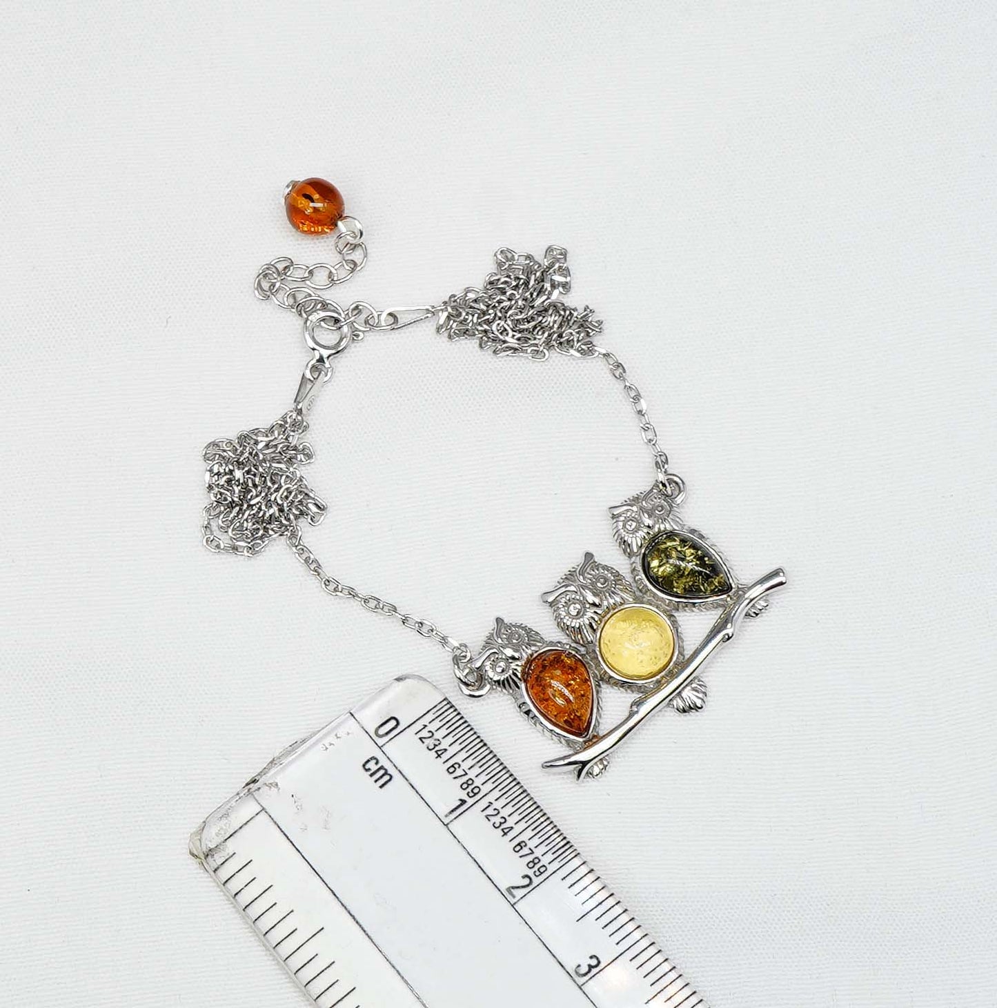 925 Solid Sterling Silver Natural Multi Baltic Amber Owl Chain Pendant