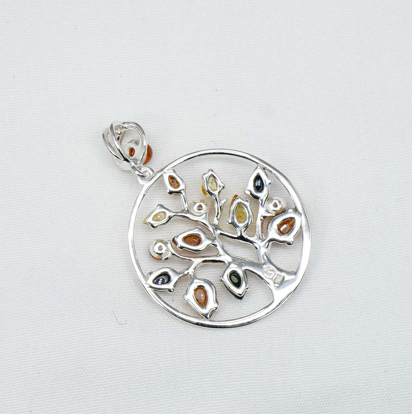 925 Solid Sterling Silver Multi Baltic Amber Tree Of Life Chain Pendant