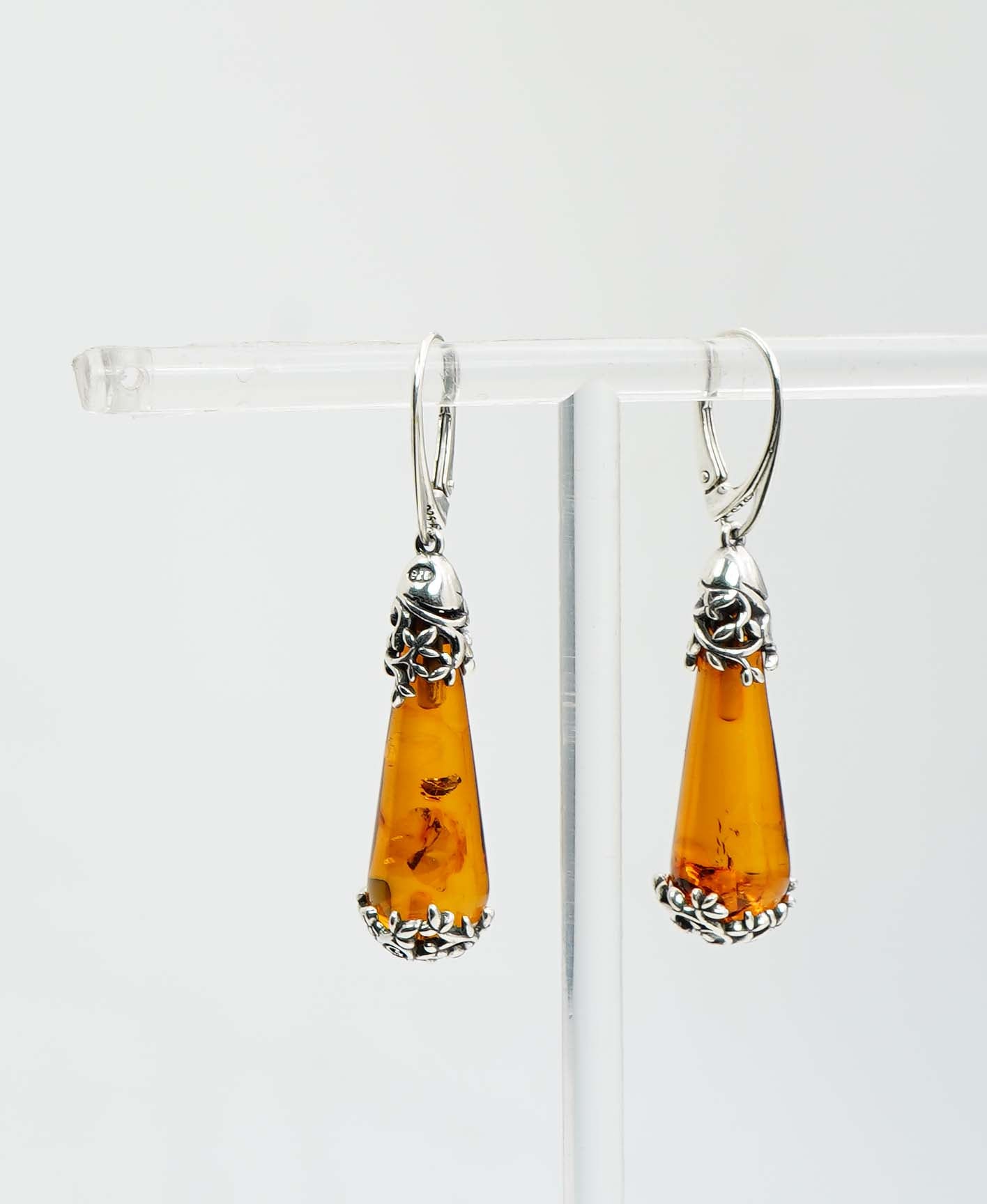 925 Solid Sterling Silver Natural Baltic Amber Drop Russian Lock Earring - 8 Grams
