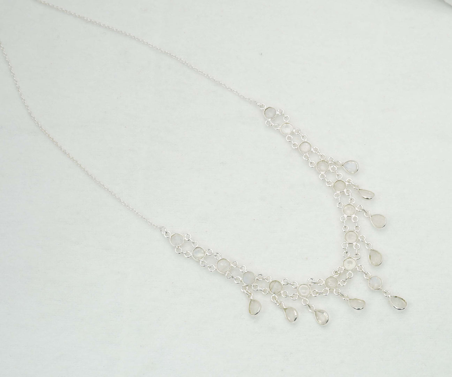 925 Solid Sterling Silver White Rainbow Moonstone Necklace - 12.6 GM