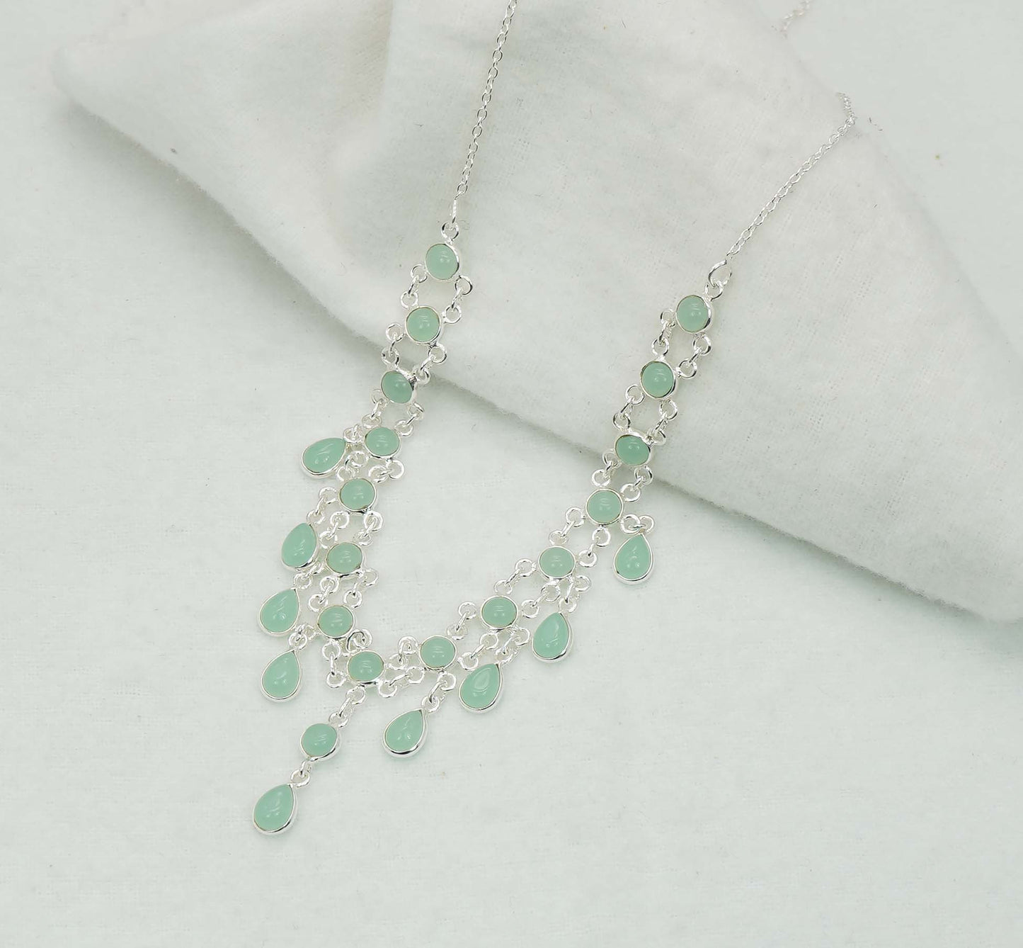 925 Solid Sterling Silver Aqua Chalcedony Necklace - 12.3 GM