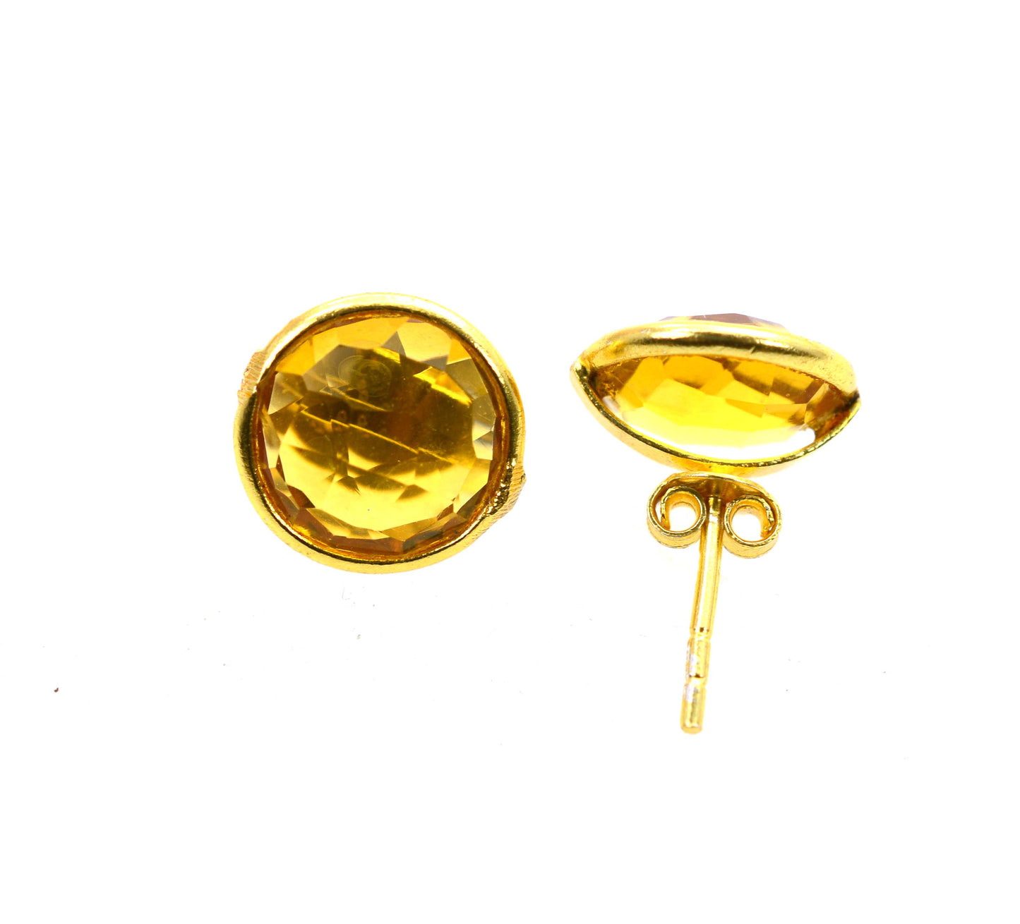 925 SOLID STERLING SILVER 24CT GOLD OVERLAY CUT YELLOW CITRINE STUD EARRING
