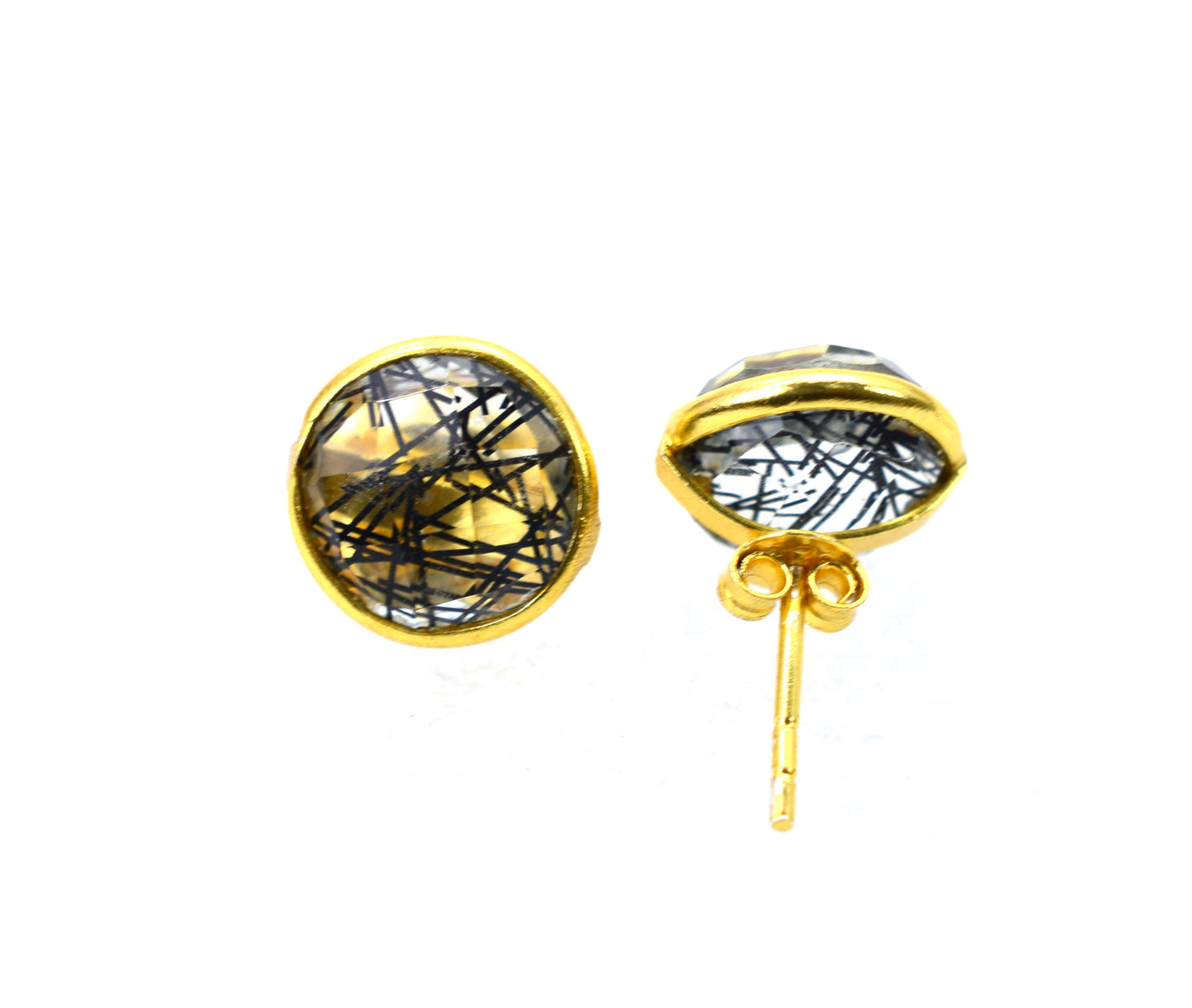 WHOLESALE 5PR 925 SOLID STERLING 24CT GOLD OVERLAY CUT BLACK RUTILE STUD LOT