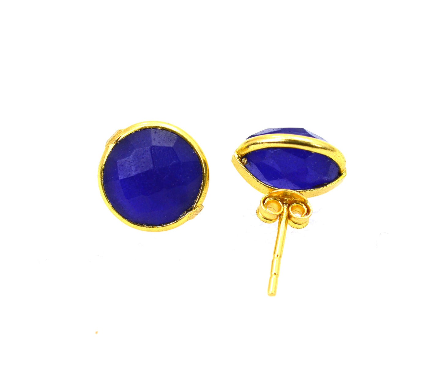 925 STERLING SILVER 24CT GOLD OVERLAY BLUE Simulated Sapphire STUD EARRING