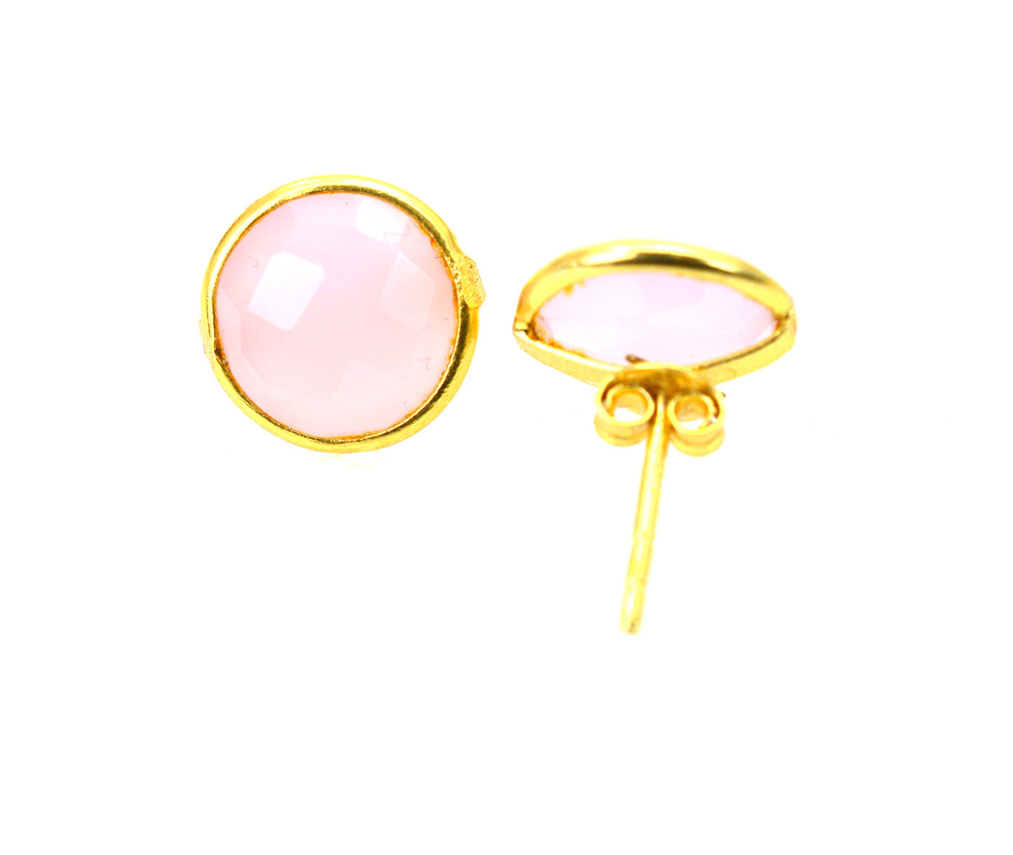 925 SOLID STERLING SILVER 24CT GOLD OVERLAY CUT PINK ROSE QUARTZ STUD EARRING