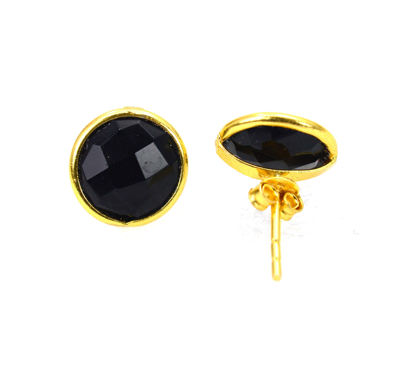 925 SOLID STERLING SILVER 24CT GOLD OVERLAY CUT BLACK ONYX STUD EARRING