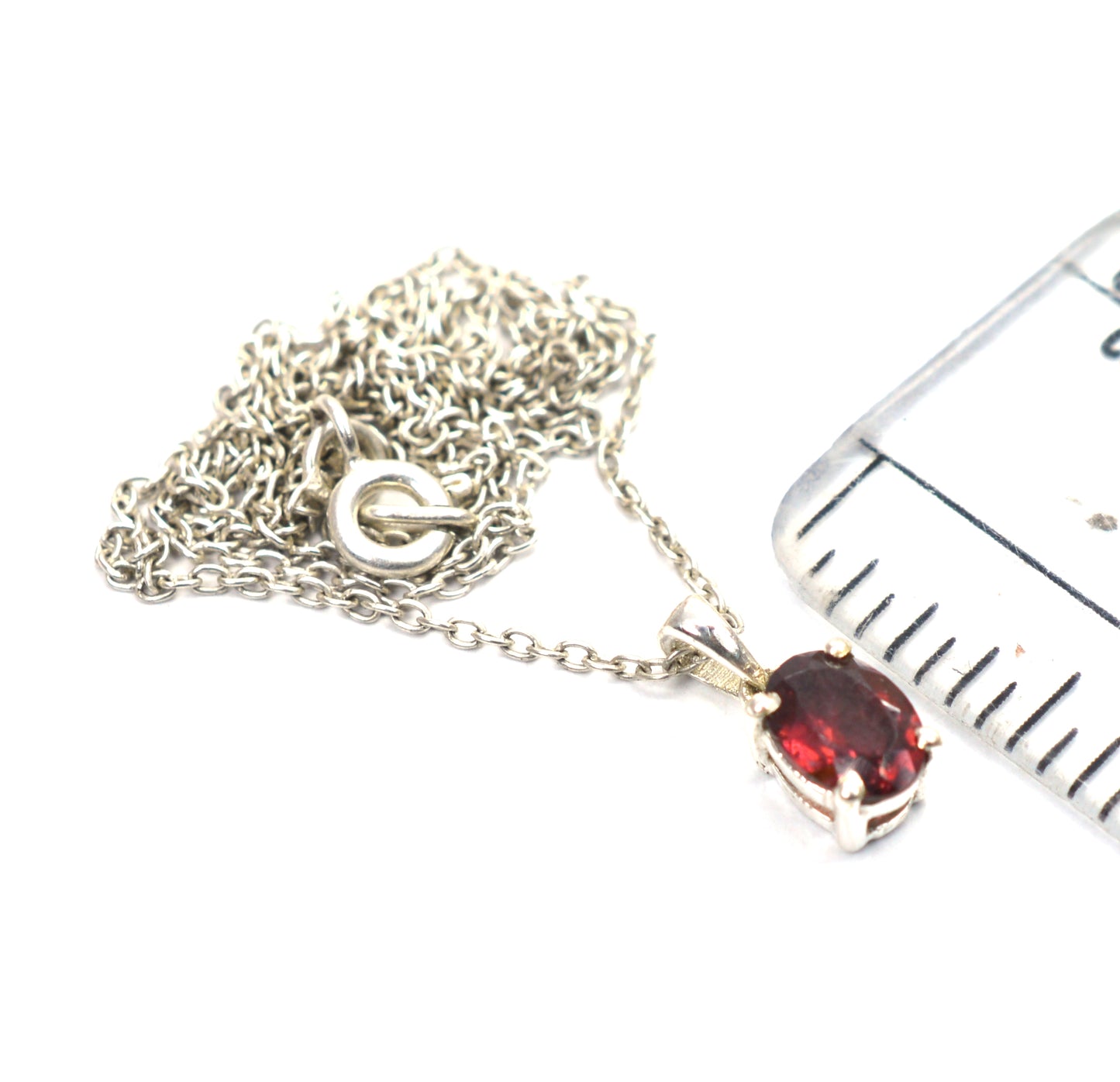 925 SOLID STERLING SILVER RED GARNET CHAIN PENDANT -18.5 INCH