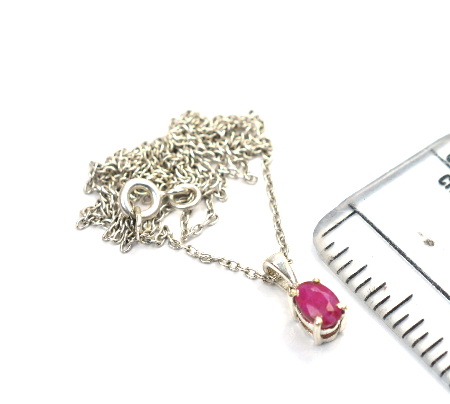 925 SOLID STERLING CUT Simulated Ruby CHAIN PENDANT -18.5 INCH