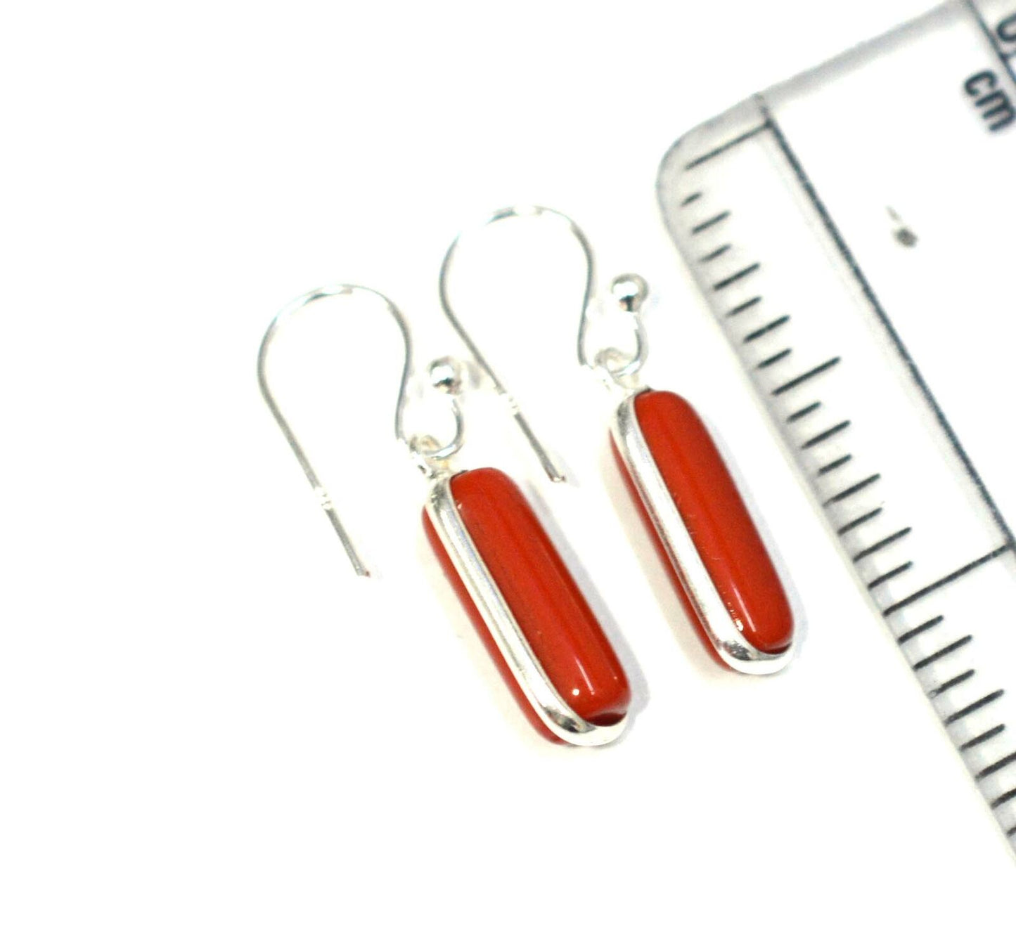 925 SOLID STERLING SILVER RED CORAL HOOK EARRING-1 INCH
