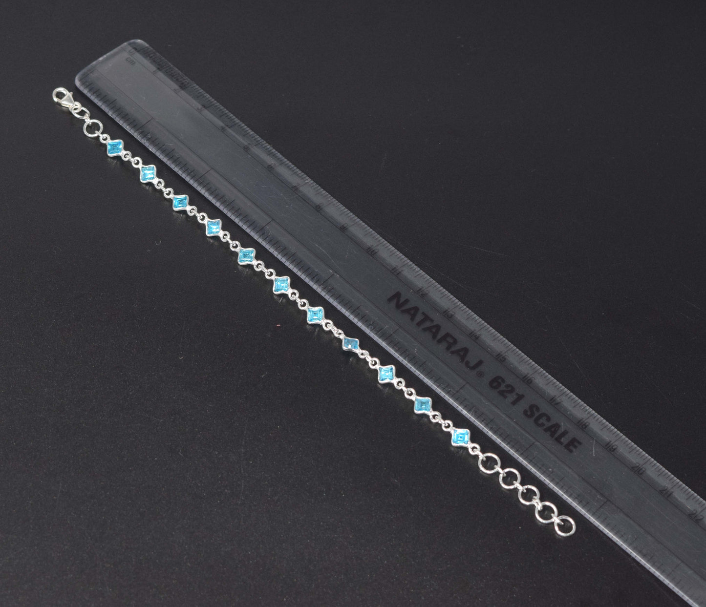 925 Solid Sterling Silver Faceted Blue Topaz HANDMADE BRACELET-8 Inch
