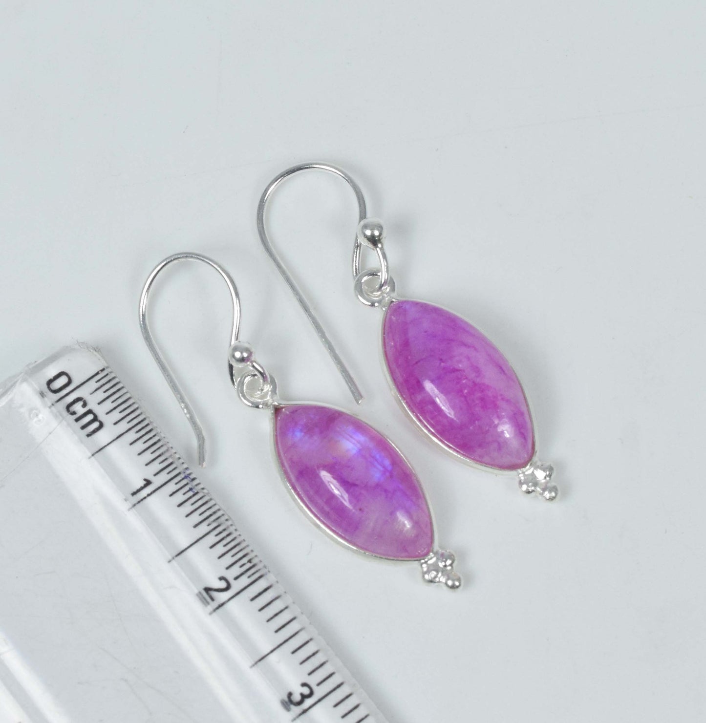 925 Solid Sterling Silver Pink Rainbow Moonstone Hook Earring-1.3 Inch