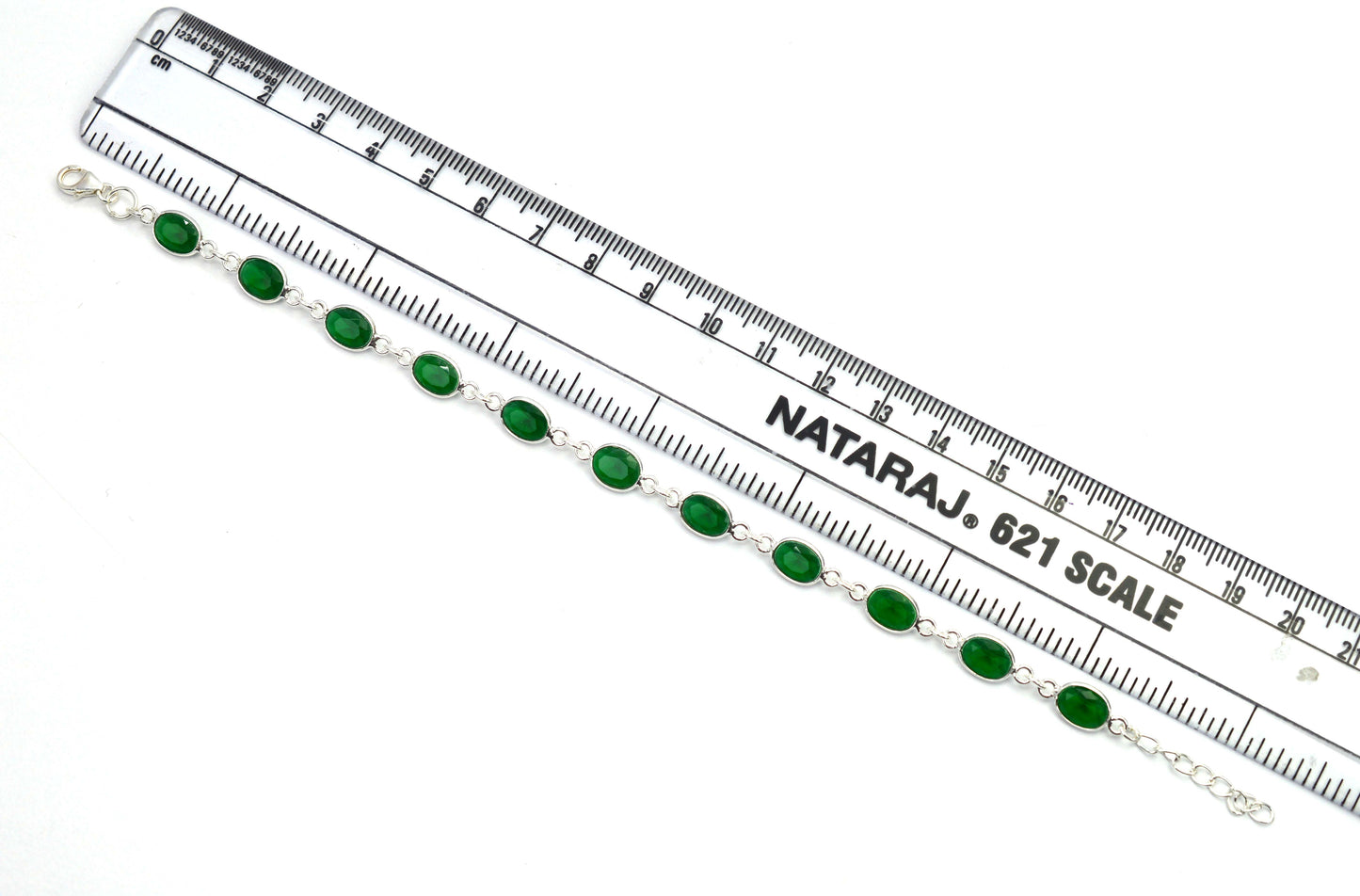925 SOLID STERLING SILVER CUT Simulated Emerald HANDMADE BRACELET - 8.5 INCH