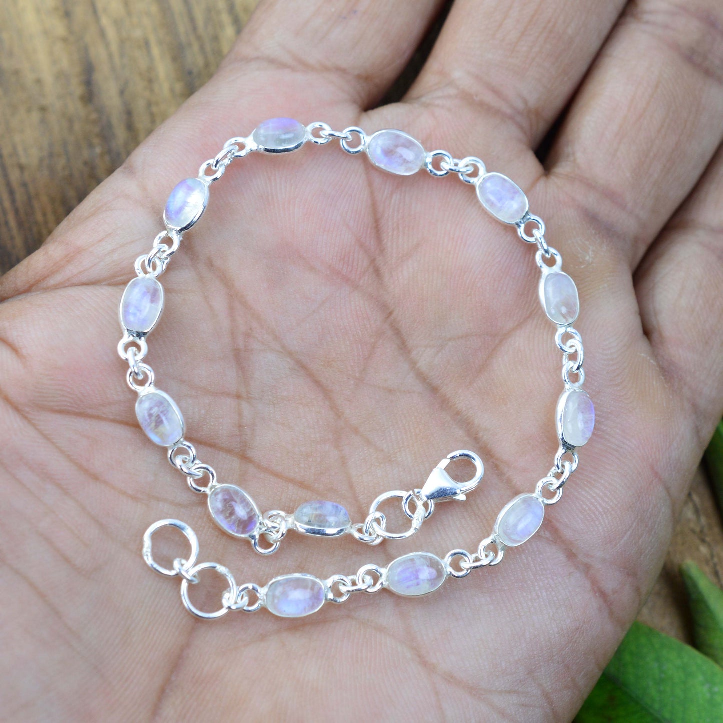 925 SOLID STERLING SILVER WHITE RAINBOW MOONSTONE HANDMADE BRACELET - 8 INCH