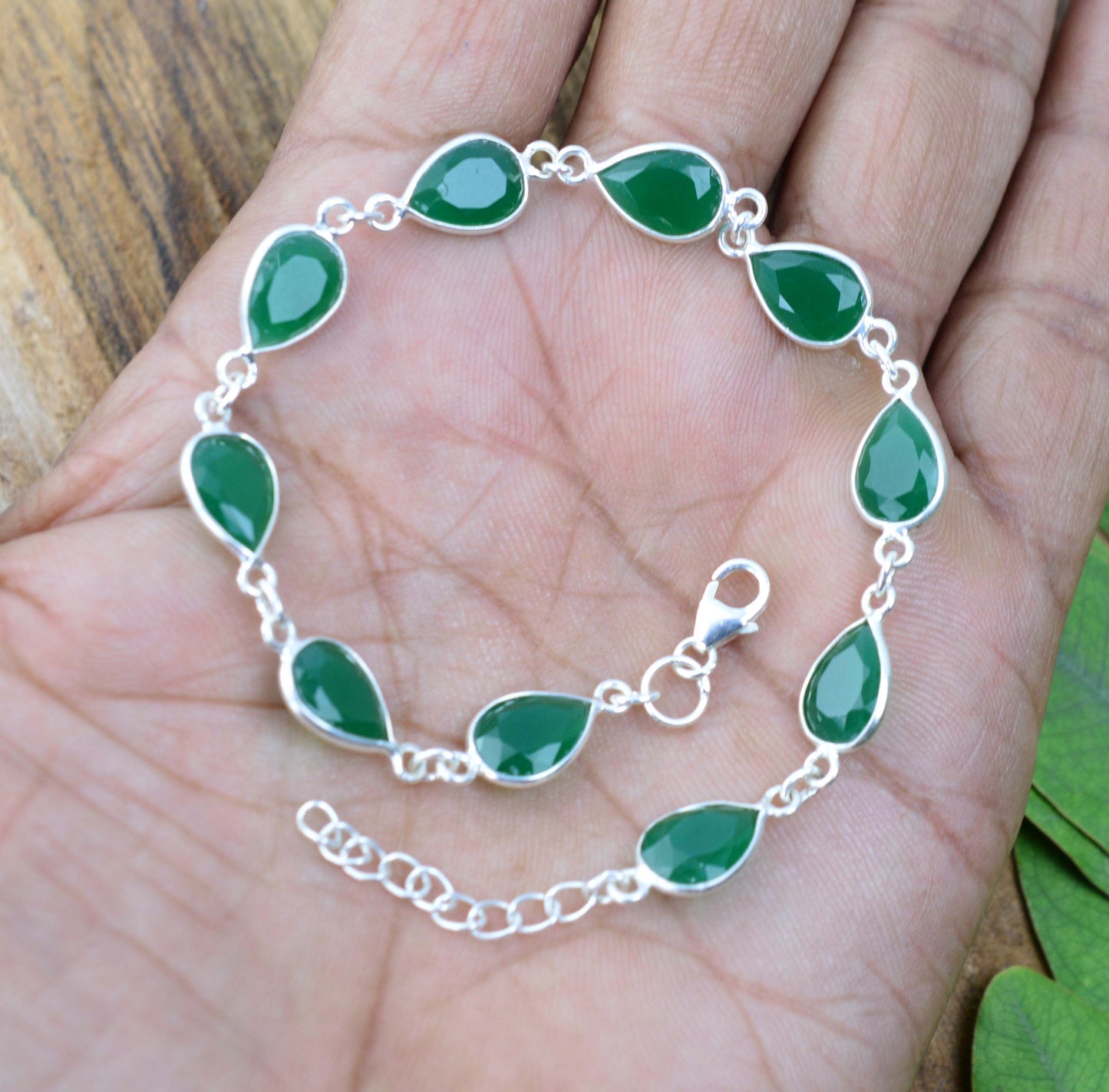 925 SOLID STERLING SILVER CUT Simulated Emerald HANDMADE BRACELET - 8.5 INCH