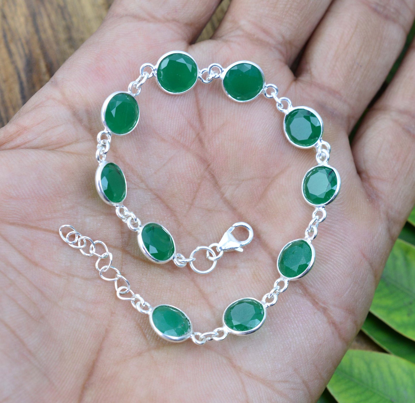 925 SOLID STERLING SILVER CUT Simulated Emerald HANDMADE BRACELET - 7.5 INCH