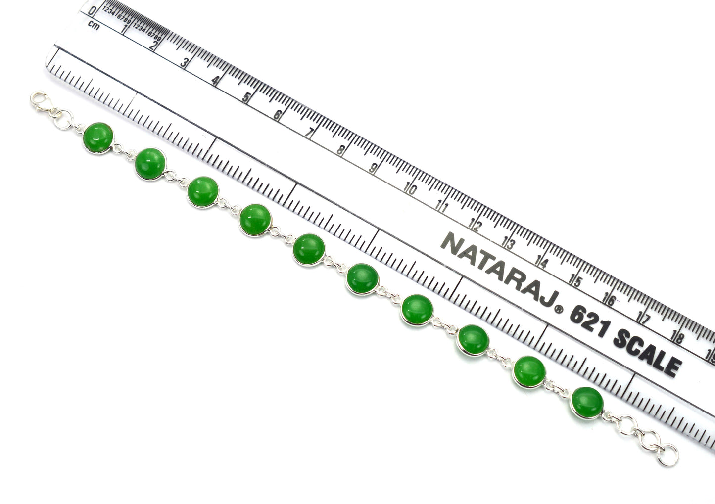 925 SOLID STERLING SILVER GREEN JADE HANDMADE BRACELET - 7.5 INCH
