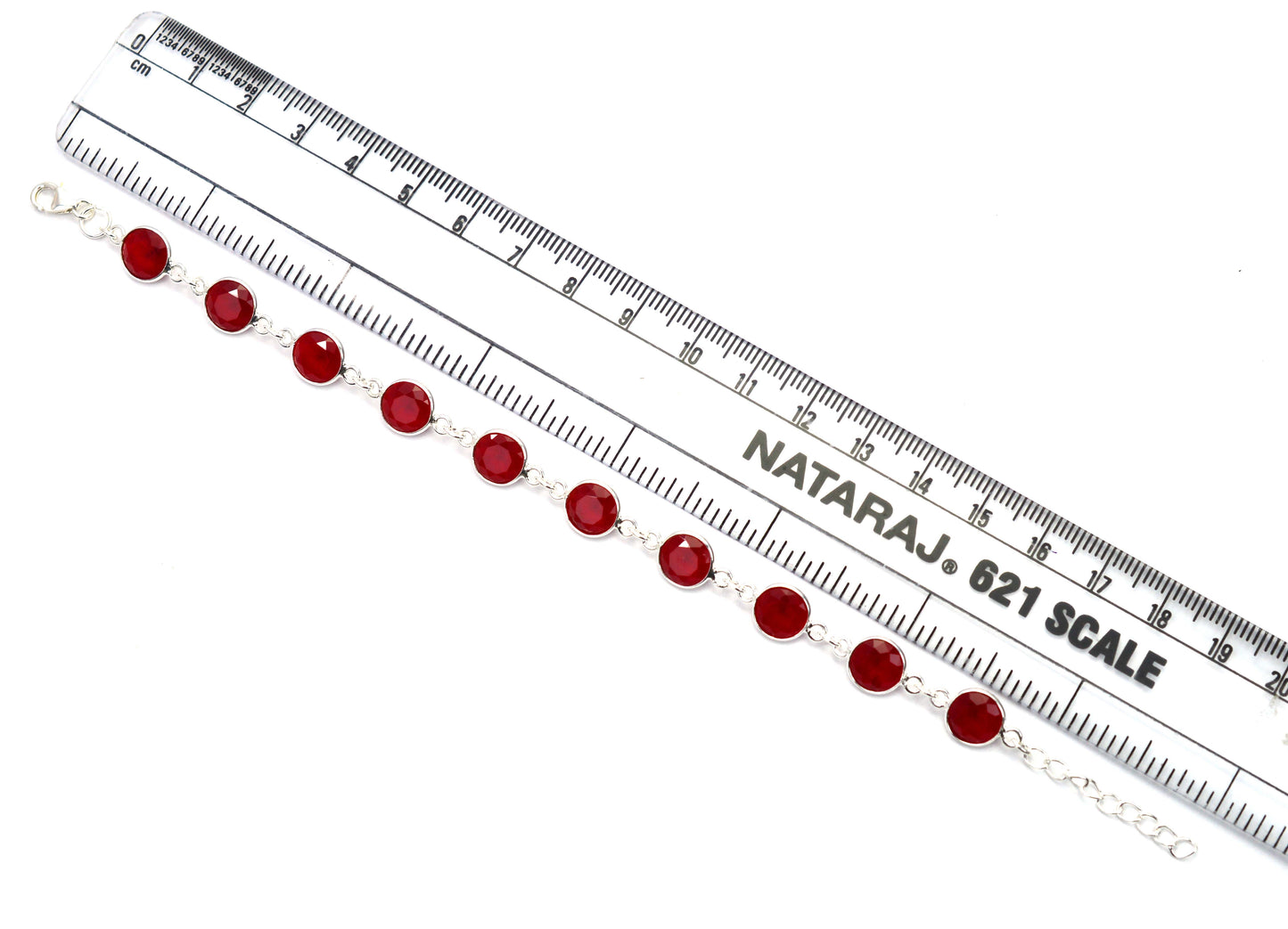 925 SOLID STERLING CUT Simulated Ruby QUARTZ HANDMADE BRACELET - 7.5 INCH