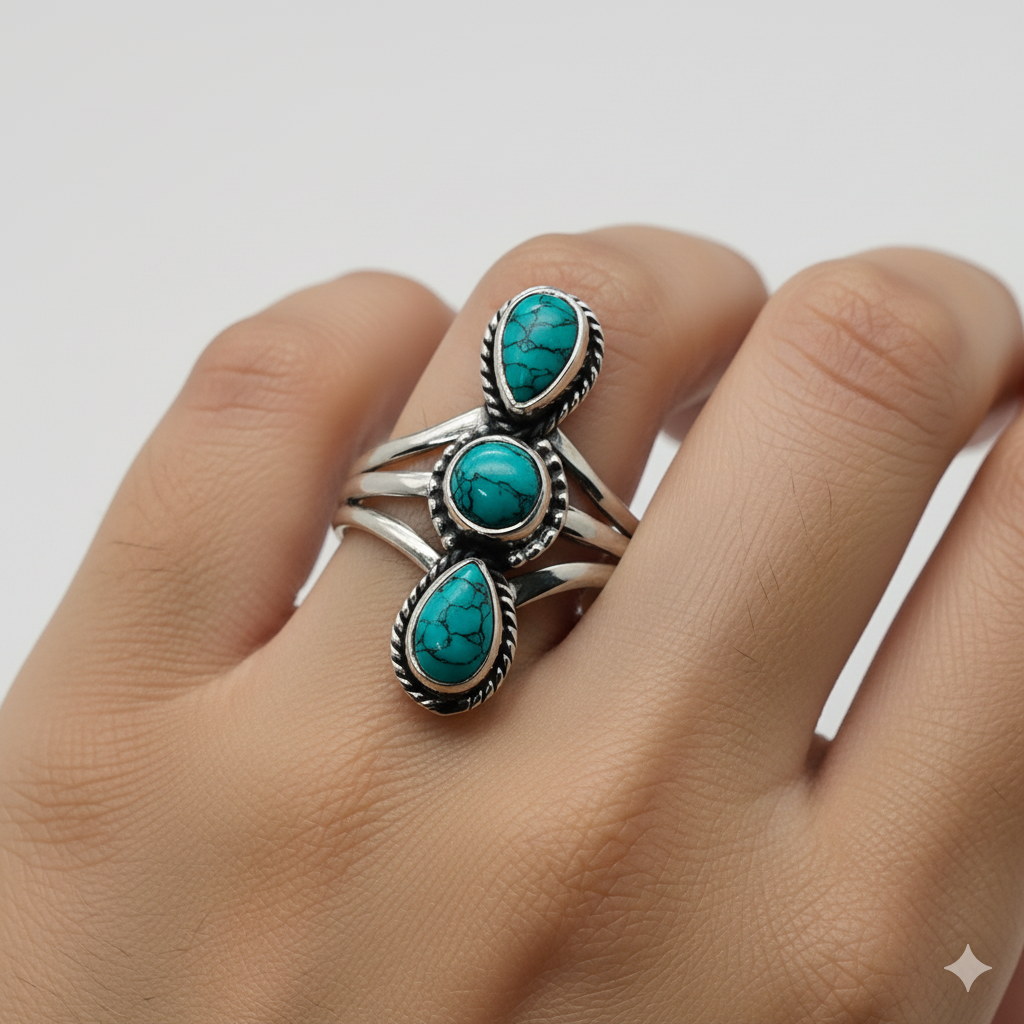 925 Solid Sterling Silver Natural Gemstone 3 Stone Ring