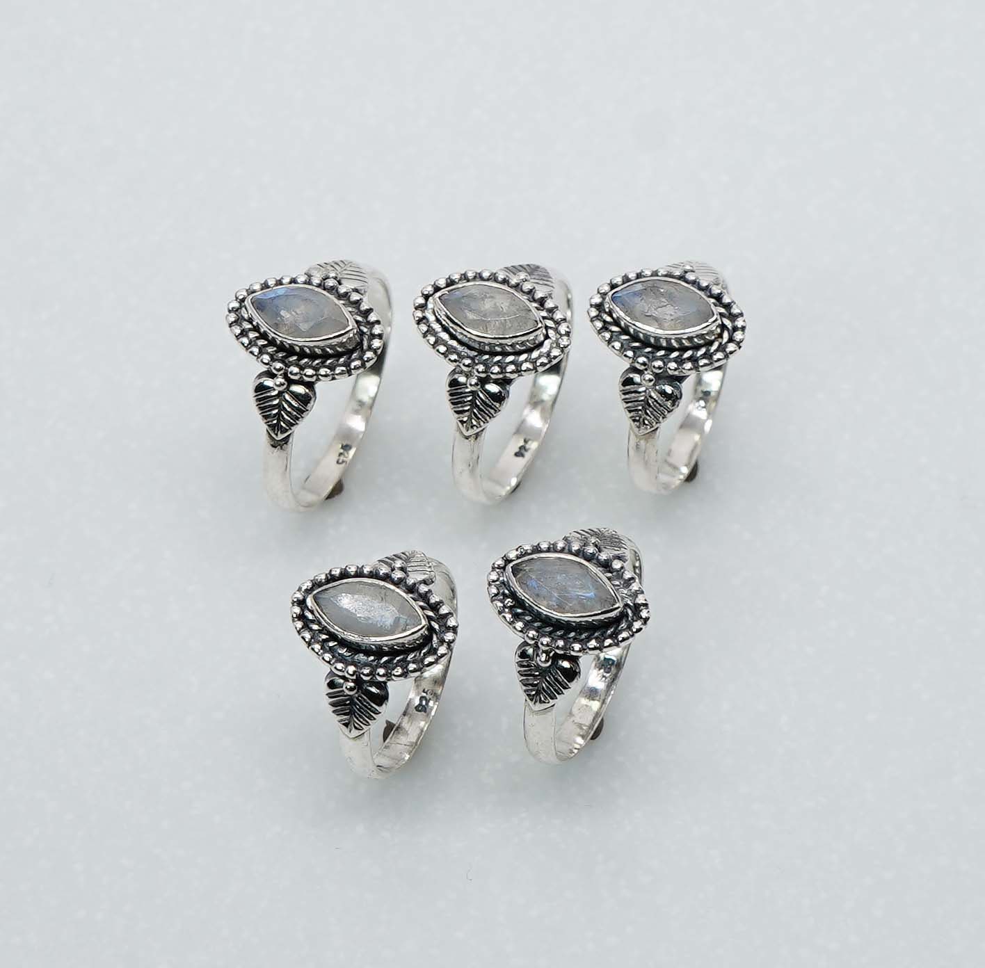 Wholesale 925 5PC Solid Sterling Silver Cut White Rainbow Moonstone Ring Lot