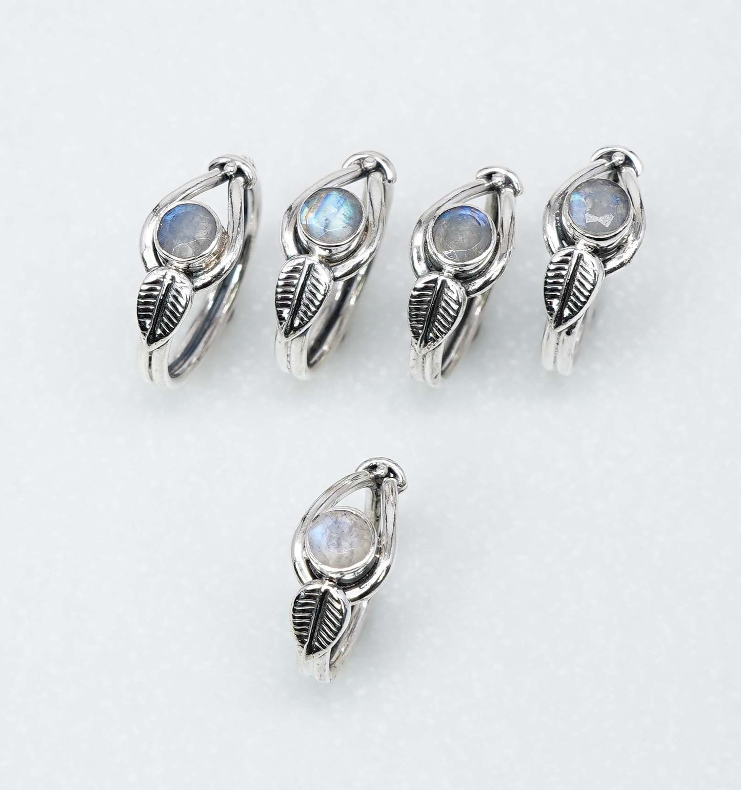 Wholesale 925 5PC Solid Sterling Silver Cut White Rainbow Moonstone Ring Lot