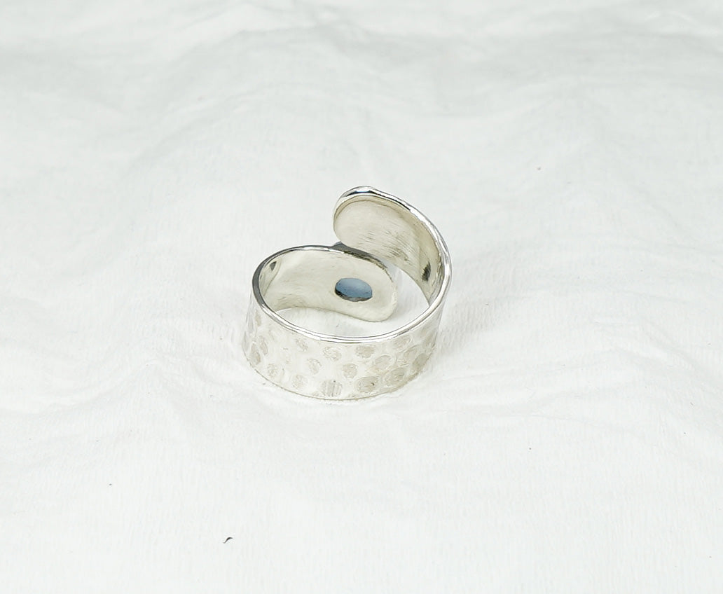 925 Solid Sterling Silver Blue Chalcedony Hammered Adjustable Ring