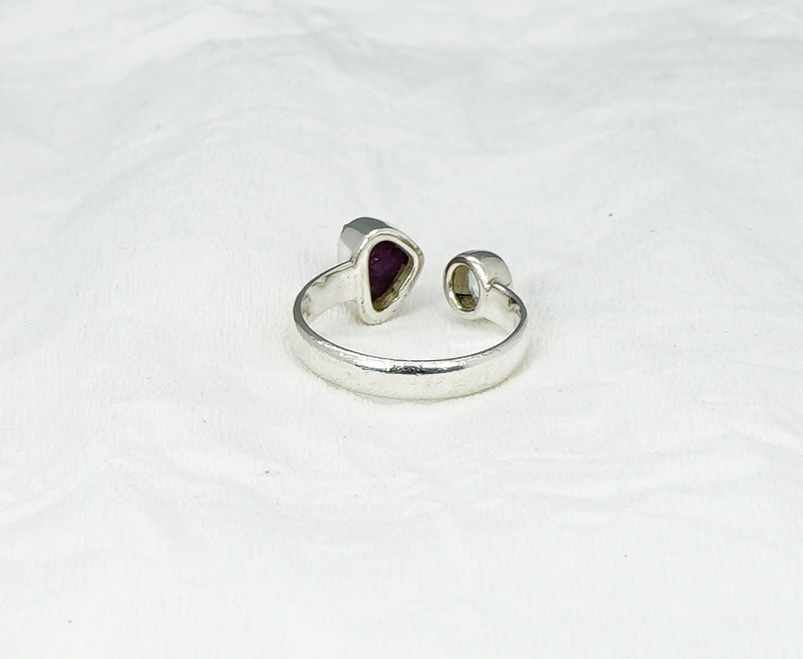 925 Solid Sterling Silver Cut Blue Topaz Rough Garnet Adjustable Ring - 7 US