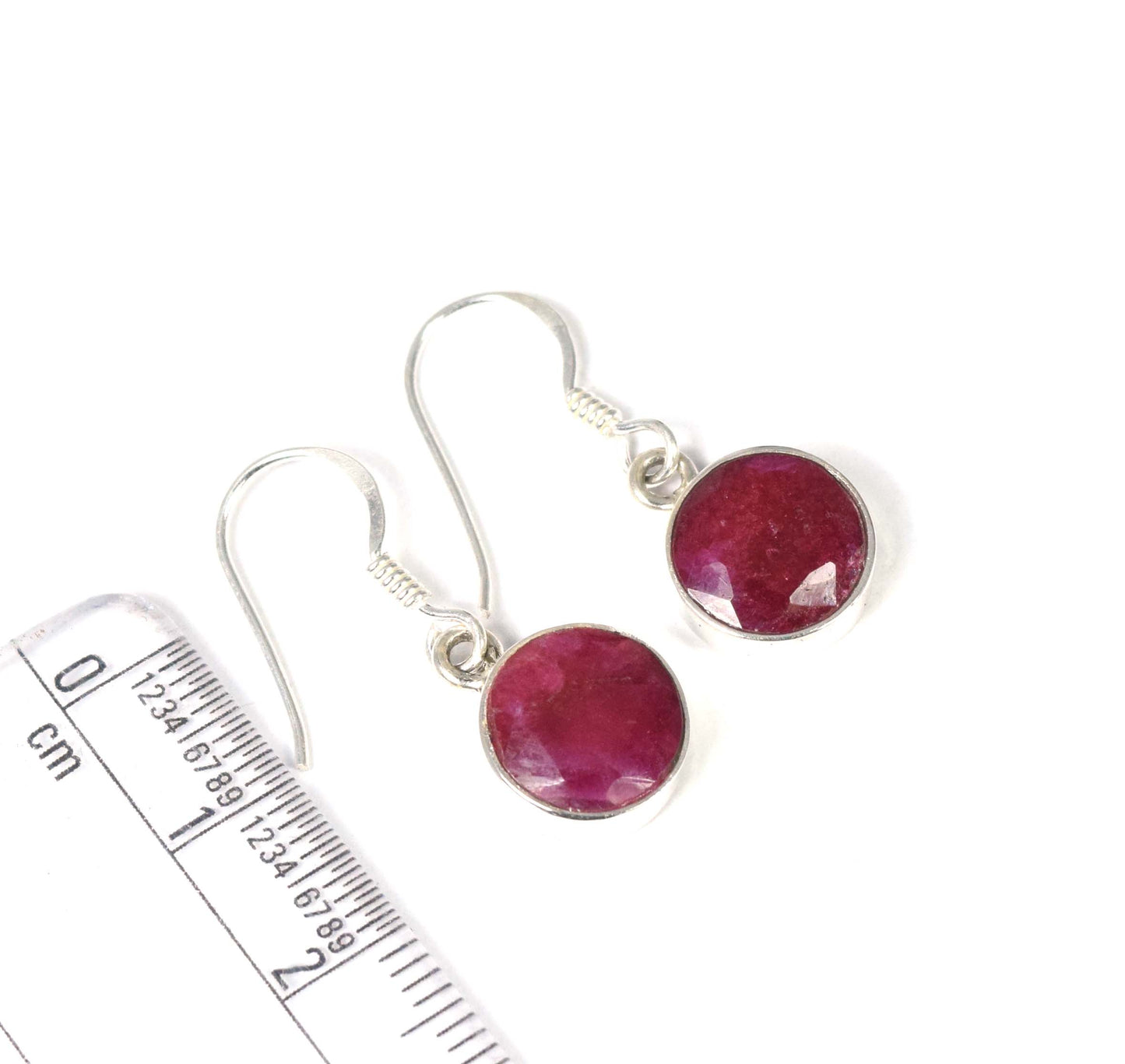 925 Solid Sterling Faceted Simulated Ruby Hook Earring-1.2 Inch