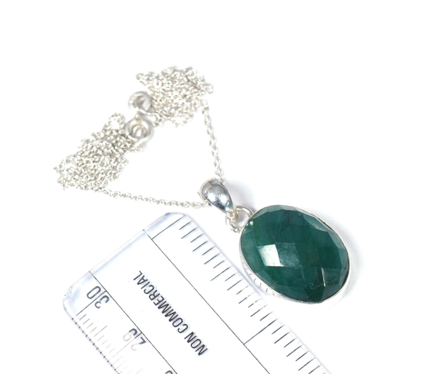 925 Solid Sterling Silver Cut Green Simulated Emerald Chain Pendant