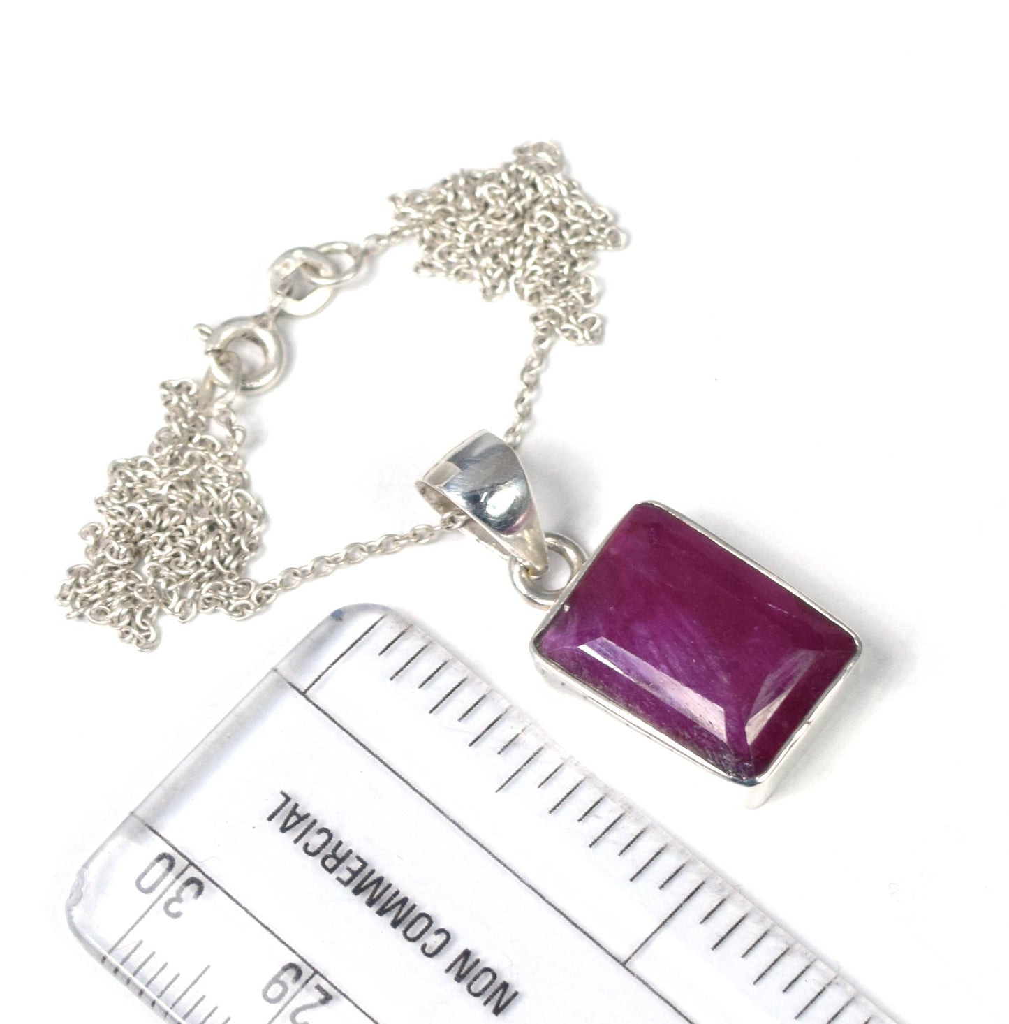 925 Solid Sterling Cut Simulated Ruby Chain Pendant- 19 INCH