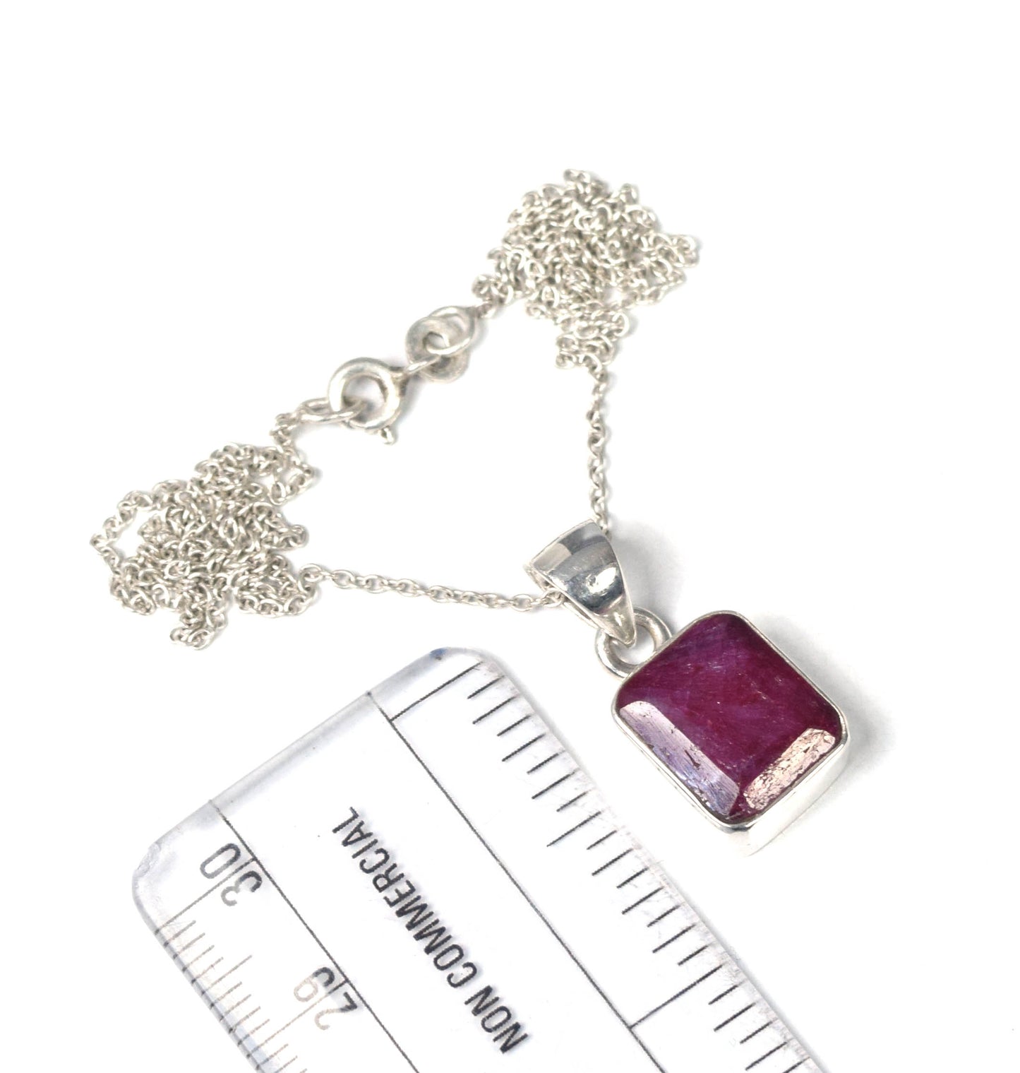 925 Solid Sterling Cut Simulated Ruby Chain Pendant- 19 INCH