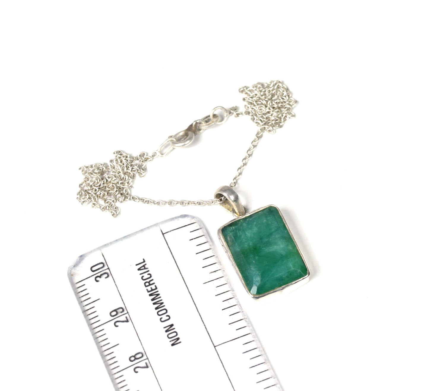 925 Solid Sterling Silver Cut Green Simulated Emerald Chain Pendant-19 Inch