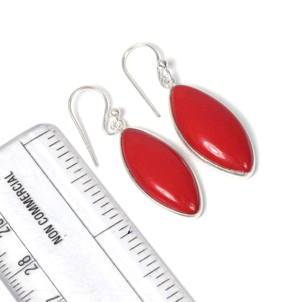 925 Solid Sterling Silver Red Coral Hook Earring-1.5 Inch