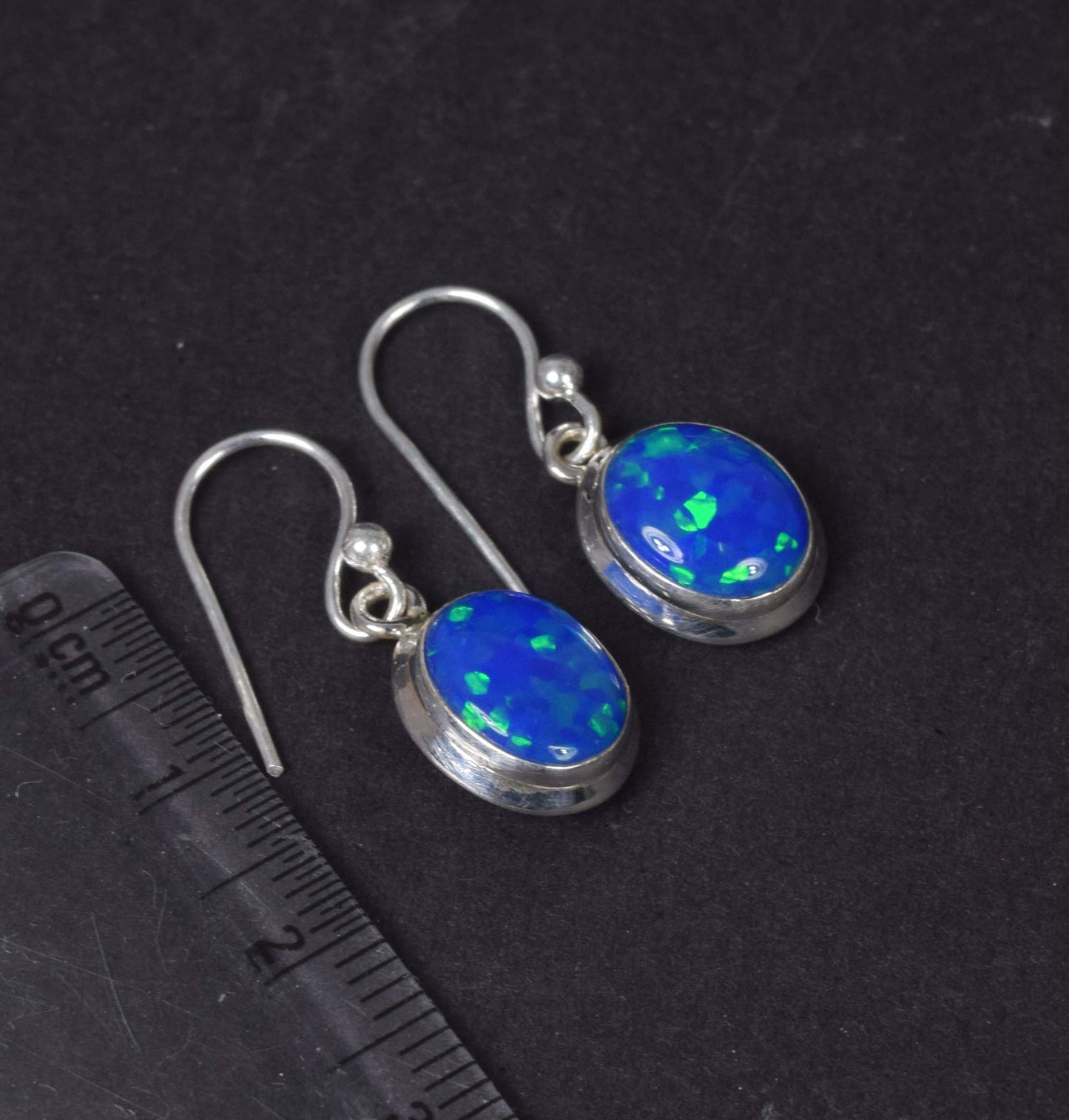 925 Solid Sterling Silver Lab Blue Opal Hook Earring-0.8 Inch