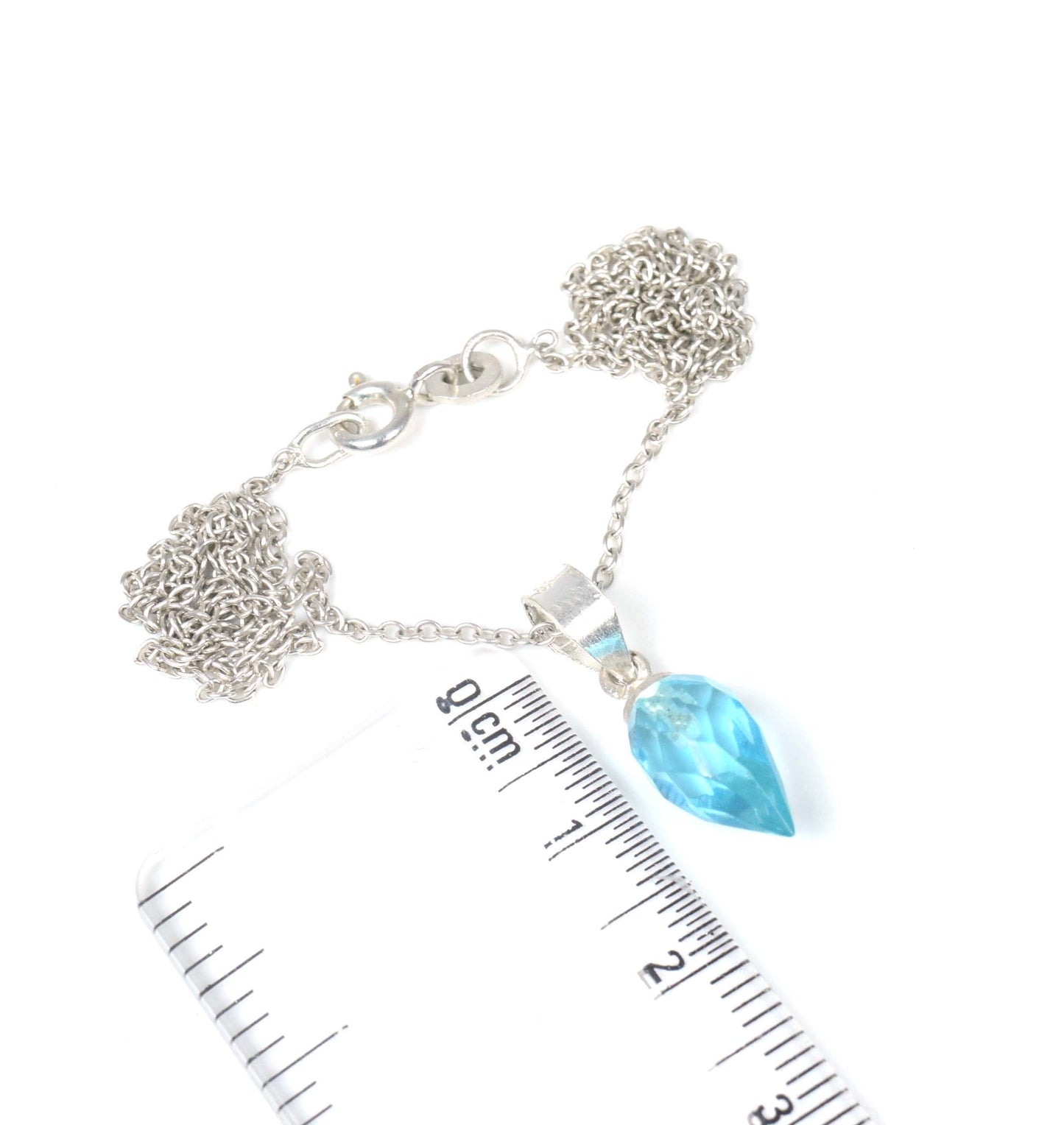 925 Solid Sterling Silver Faceted Blue Quartz Drop Chain Pendant-18.8 Inch
