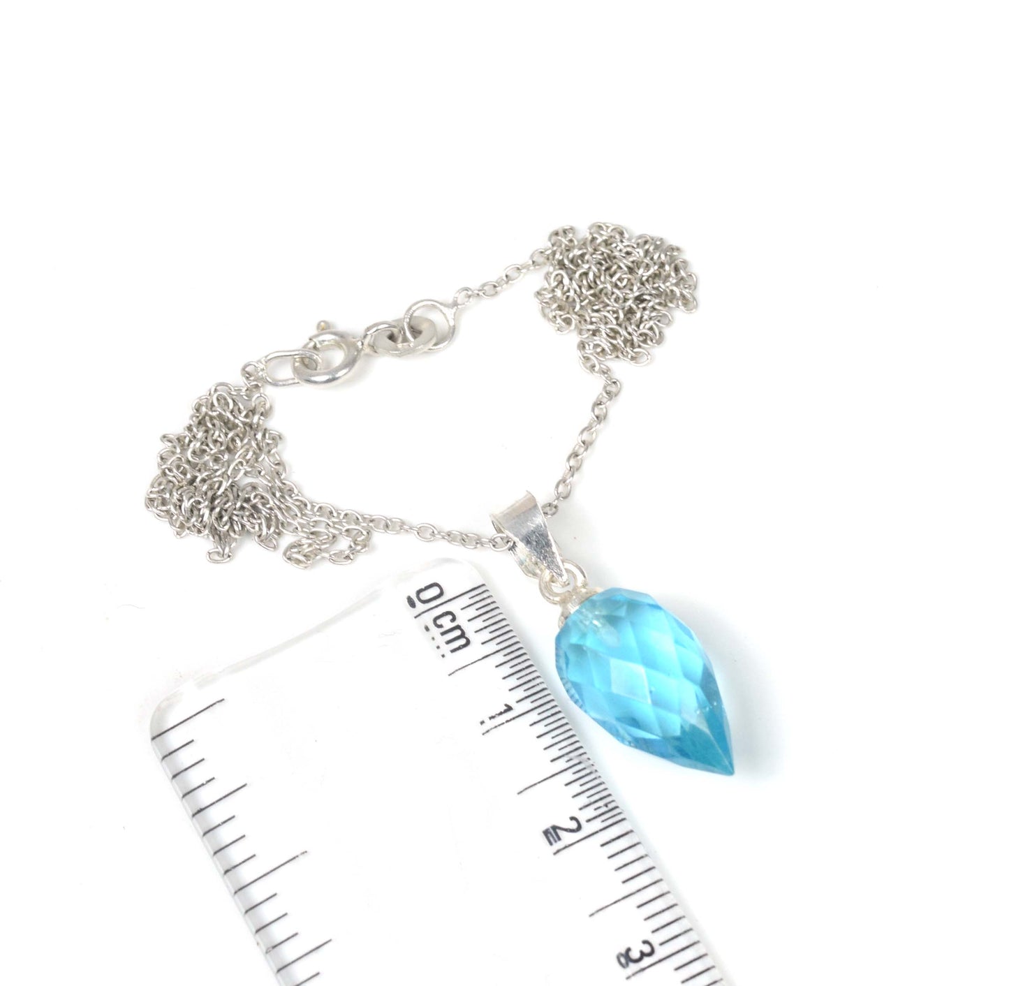 925 Solid Sterling Silver Faceted Blue Quartz Drop Chain Pendant-19 Inch