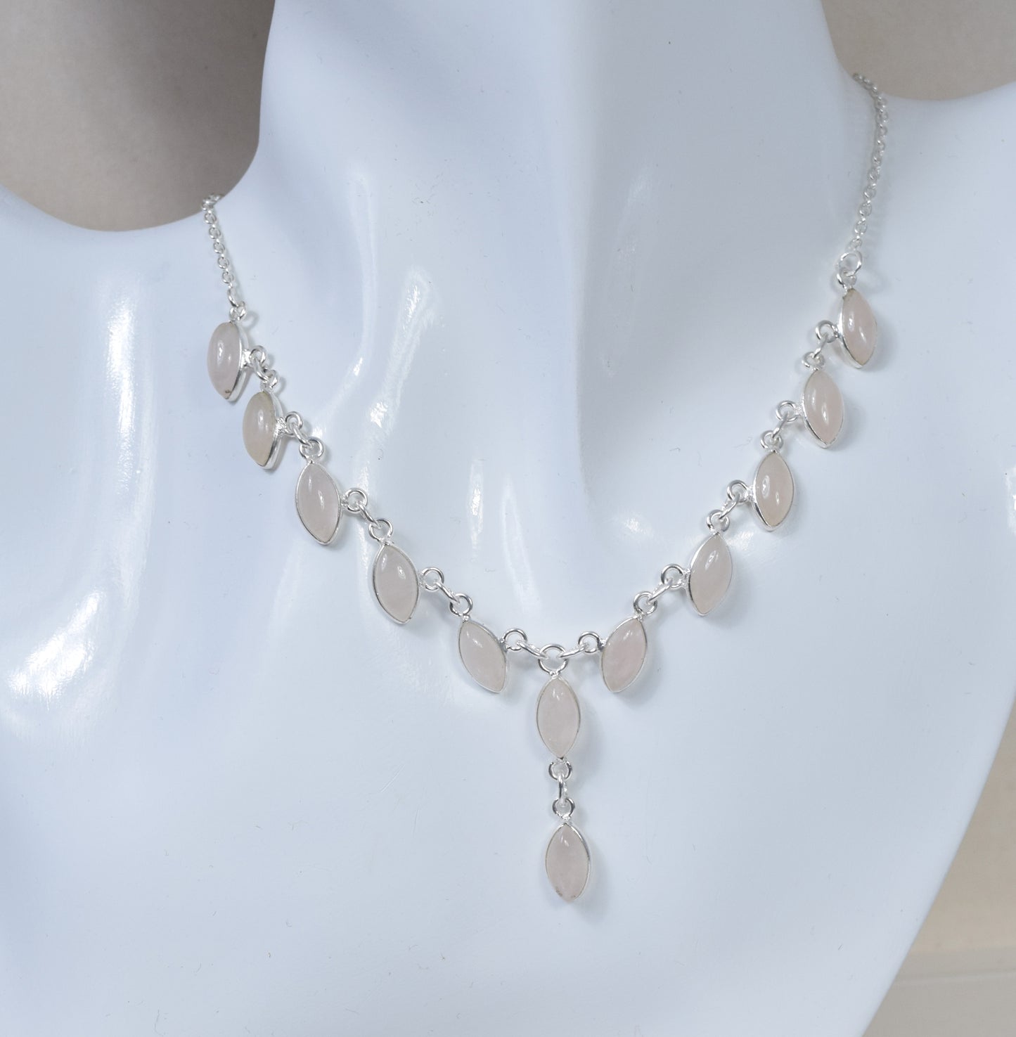 925 Solid Sterling Silver Pink Rose Quartz Necklace-20 Inch