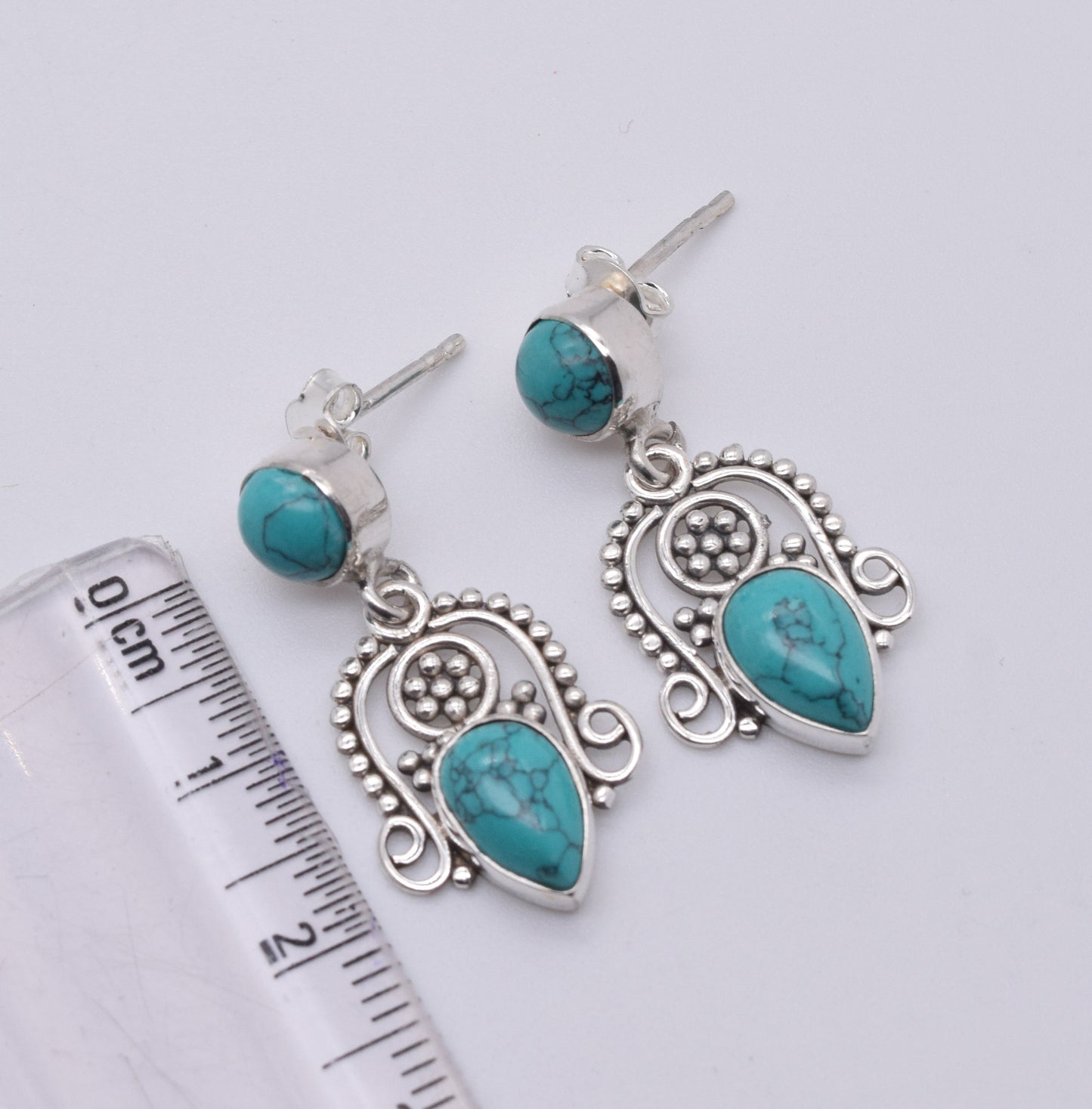 925 Solid Sterling Silver Blue Turquoise Stud Earring-1.5 Inch
