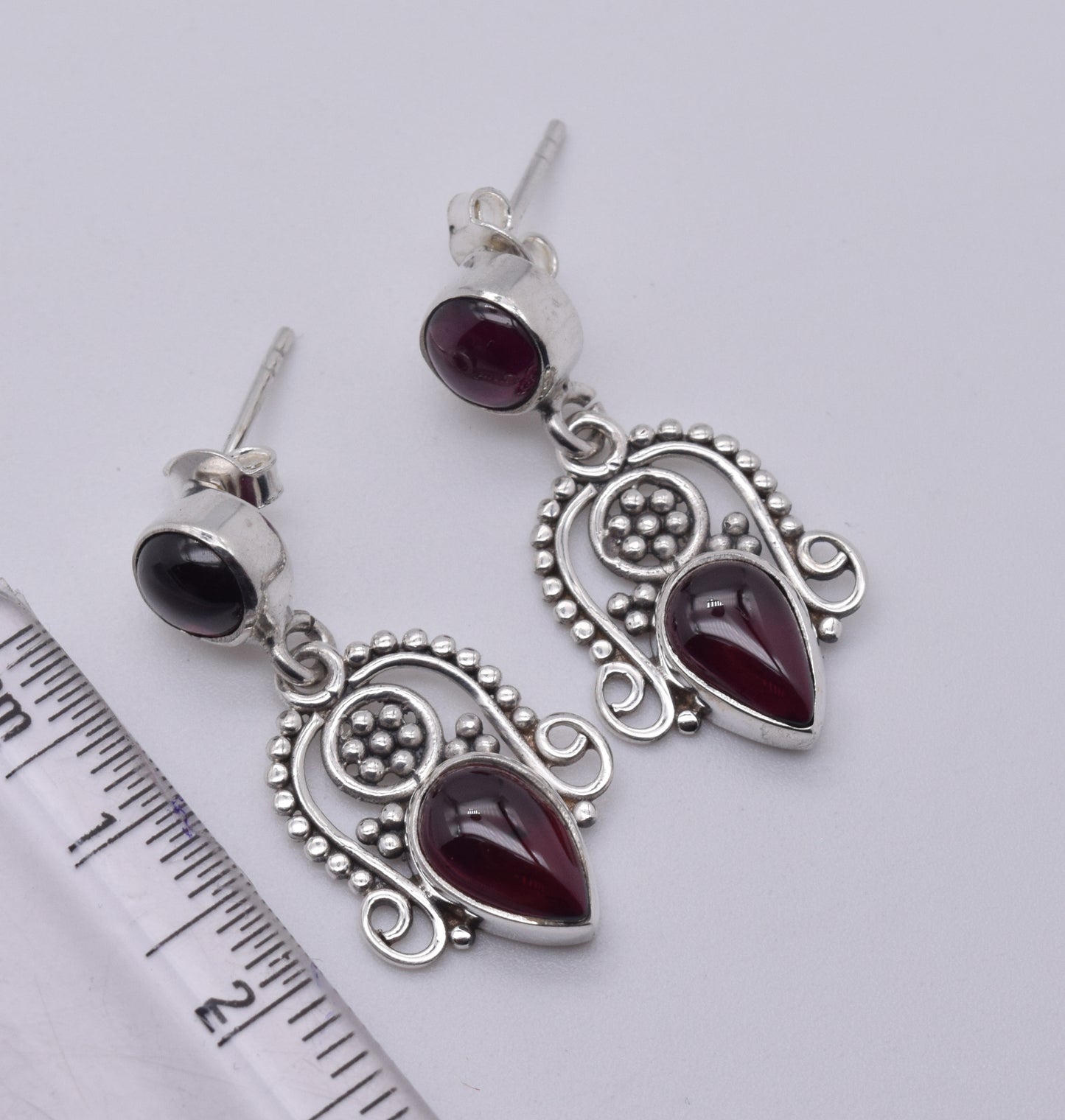 925 Solid Sterling Silver Red Garnet Stud Earring-1.5 Inch