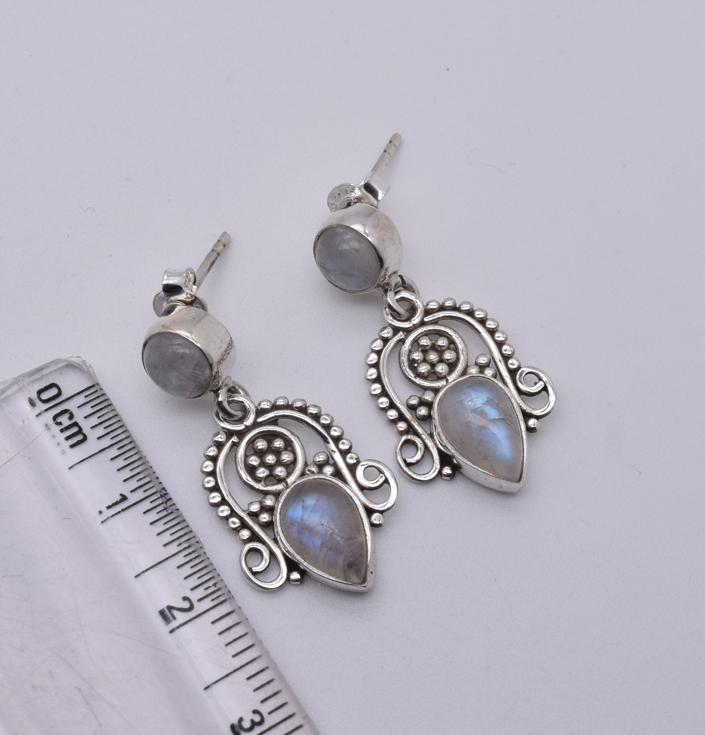 925 Solid Sterling Silver White Rainbow Moonstone Stud Earring-1.5 Inch