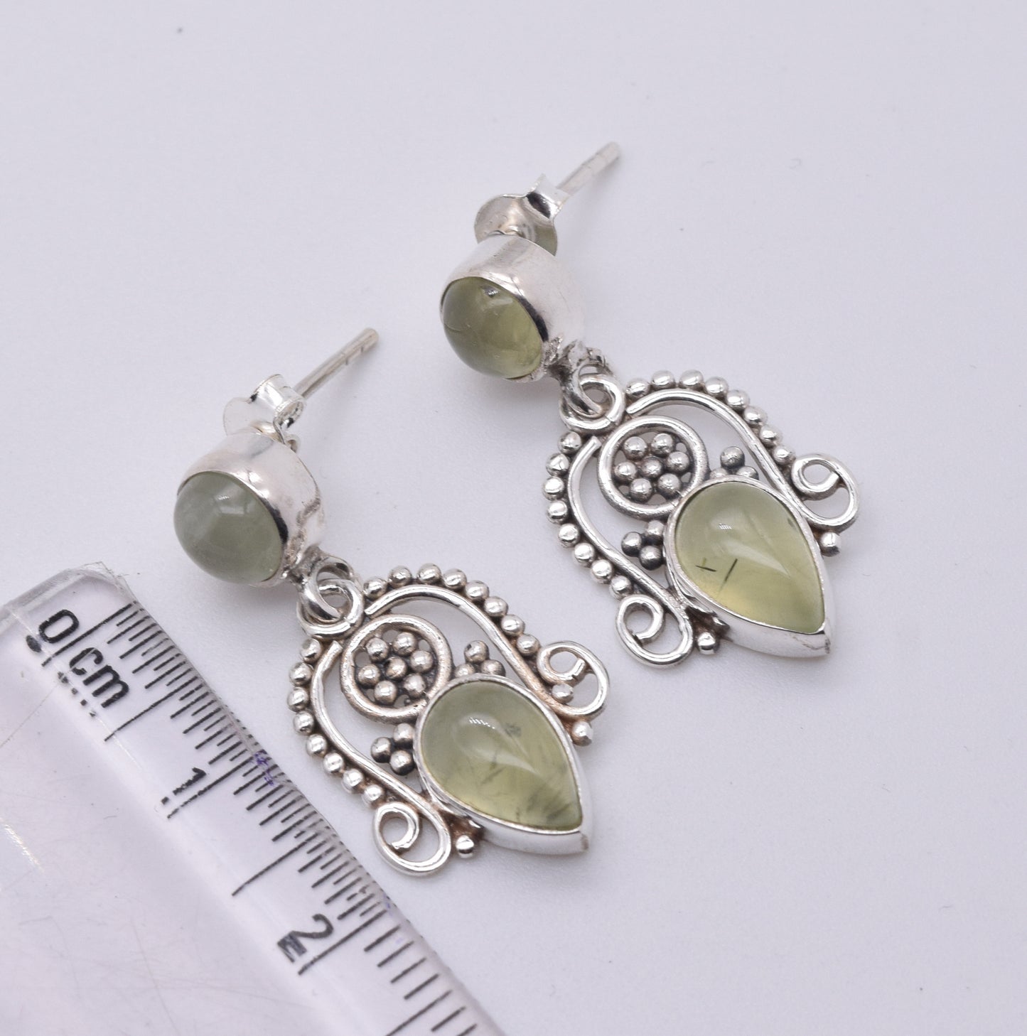 925 Solid Sterling Silver Green Prehnite Stud Earring-1.5 Inch