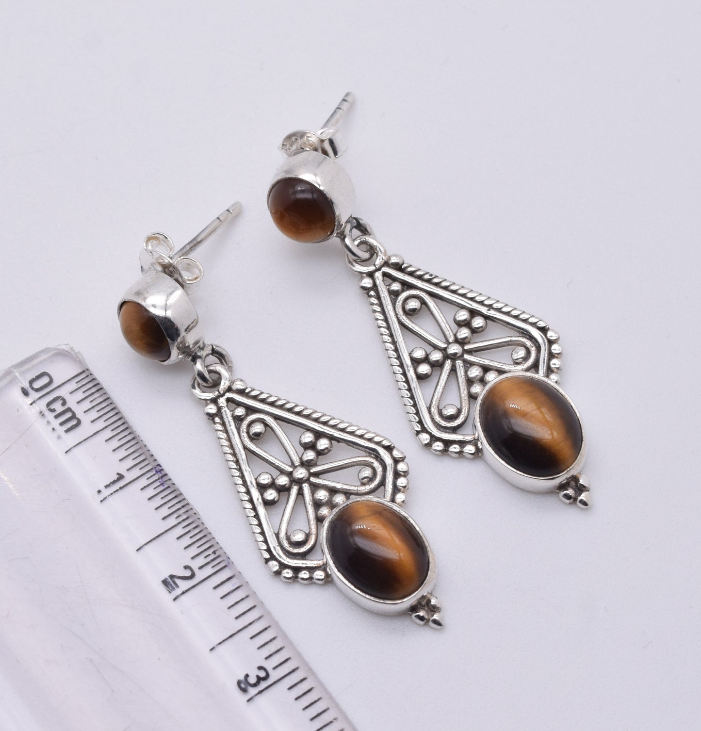 925 Solid Sterling Silver Tiger Eye Stud Earring-1.7 Inch