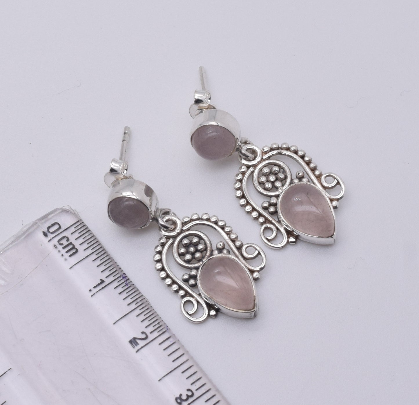 925 Solid Sterling Silver Pink Rose Quartz Stud Earring-1.5 Inch