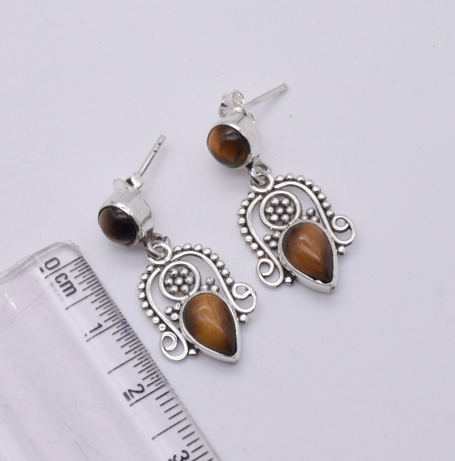 925 Solid Sterling Silver Tiger Eye Stud Earring-1.5 Inch