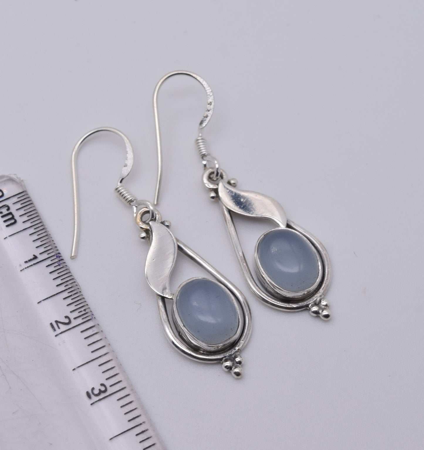 925 Solid Sterling Silver Blue Chalcedony Hook Earring-1.5 Inch